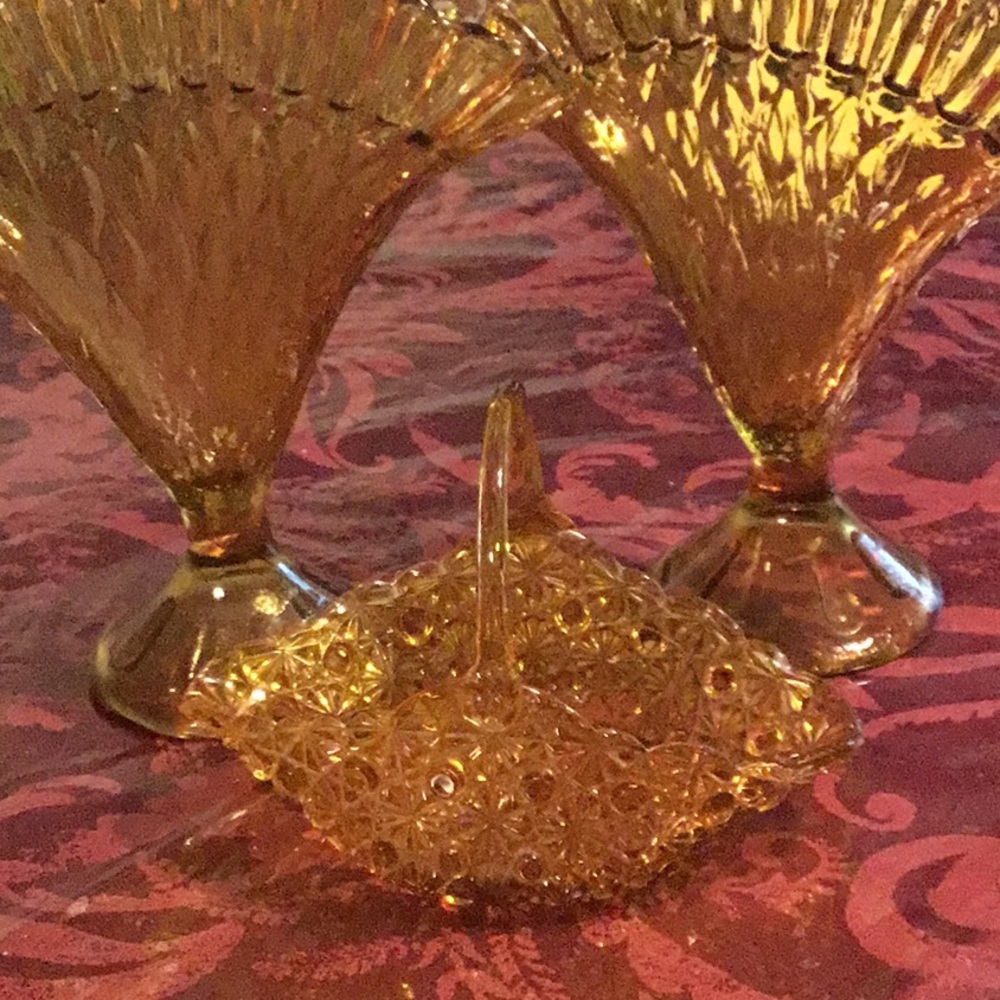 Vintage  Amber Glass Swirl Fan Vases about 8 inches tall